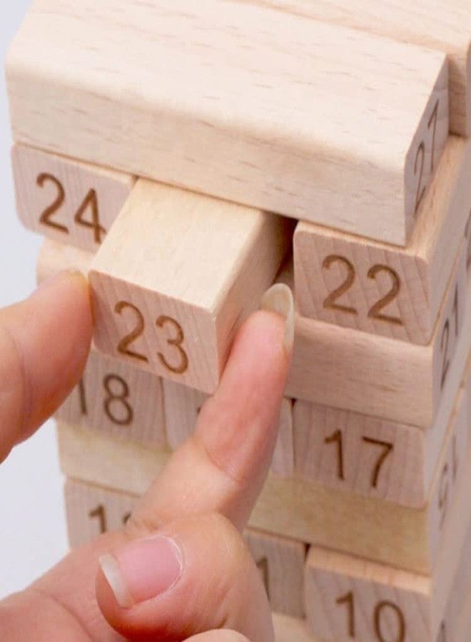 PULSBERY لعبة بناء مكعبات خشبية من بولسبري للأطفال، 54 قطعة مرقمة، لعبة كلاسيكية لتكديس المكعبات مع 4 نرد، لعبة بناء مكعبات خشبية عملاقة قابلة للسقوط والتدحرج للأطفال - Image 5